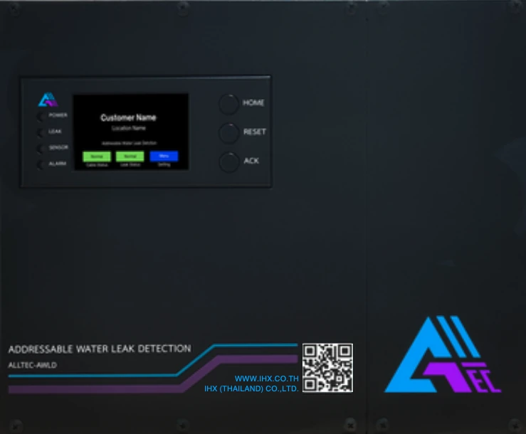 แผงควบคุม Alltec AWLD ระบบตรวจจับน้ำรั่วแบบระบุตำแหน่ง พร้อมจอ LCD ปุ่มควบคุม และโลโก้ Alltec